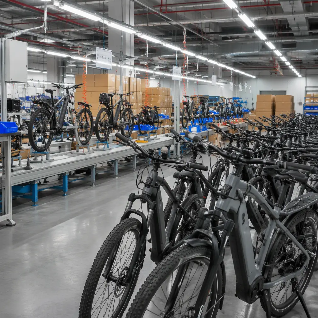 E-bike production floor with assembly lines and finished units ready for export packing