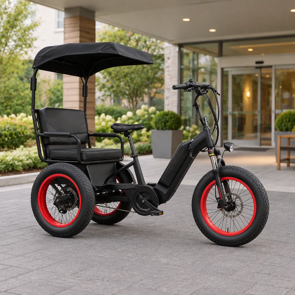 Adaptive delta mobility tricycle with step-through frame and adjustable captain seat, parked at a care facility entrance
