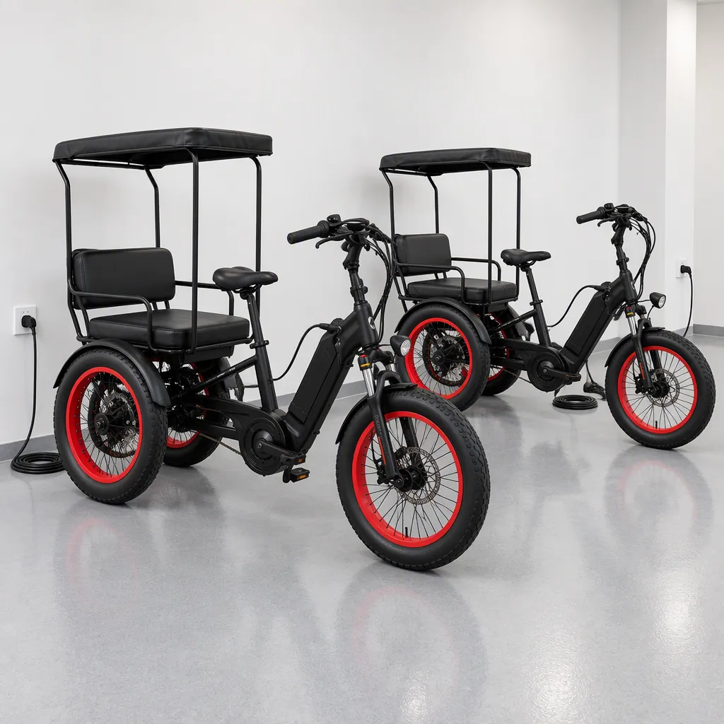 Adaptive mobility tricycles parked and charging in a care facility mobility bay with step-through frames and onboard chargers