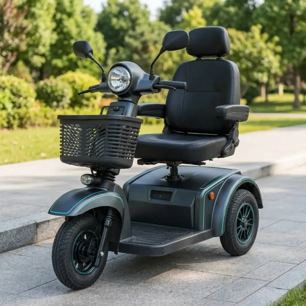 Delta three-wheel adaptive electric tricycle with step-through frame and captain seat on a paved accessible pathway