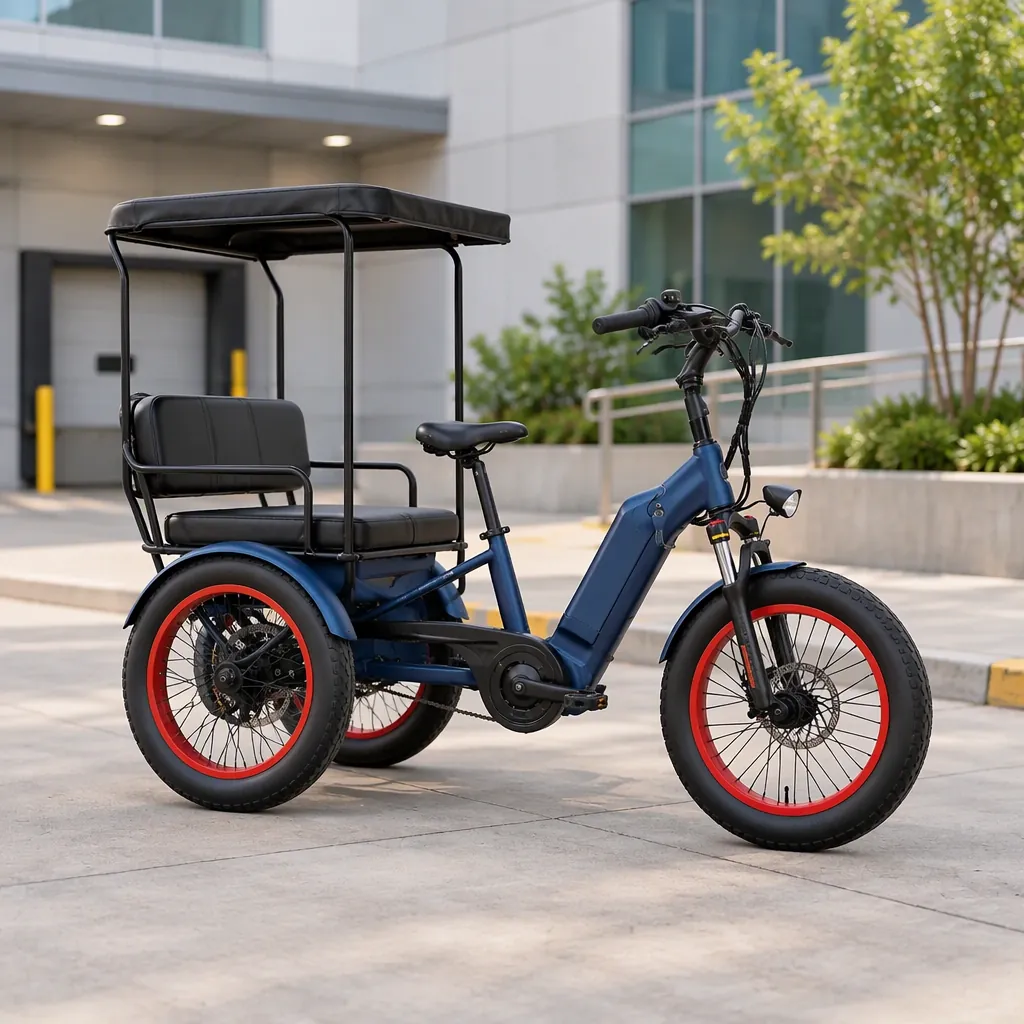 Electric passenger shuttle tricycle with canopy and rear bench seat, one front wheel and two rear wheels, staged at an airport terminal curbside