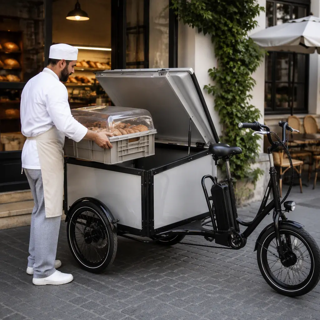 Baker loading a covered crate of fresh pastry onto an electric cargo tricycle outside a café