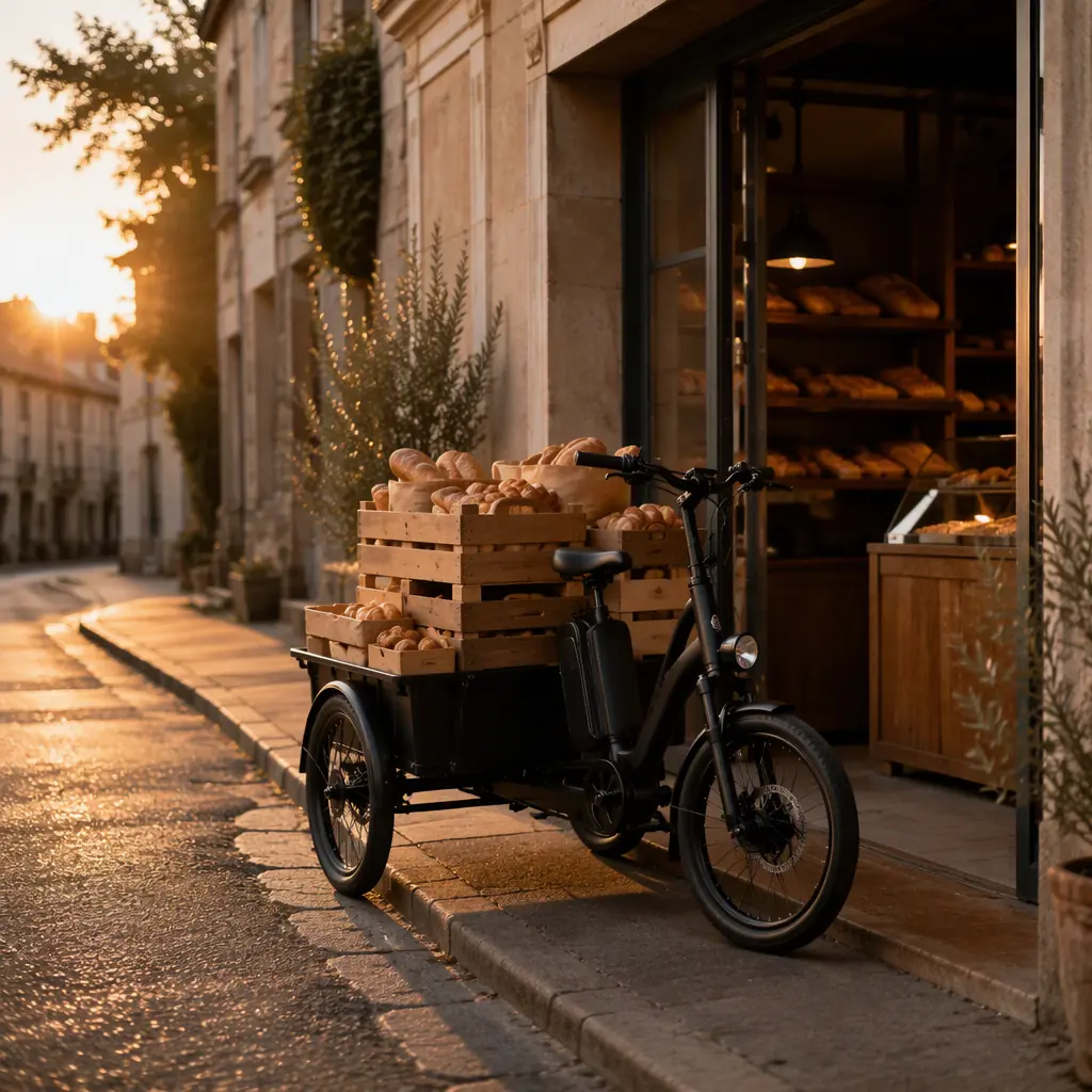 Electric cargo tricycle loaded with wooden bread crates leaving a bakery at sunrise