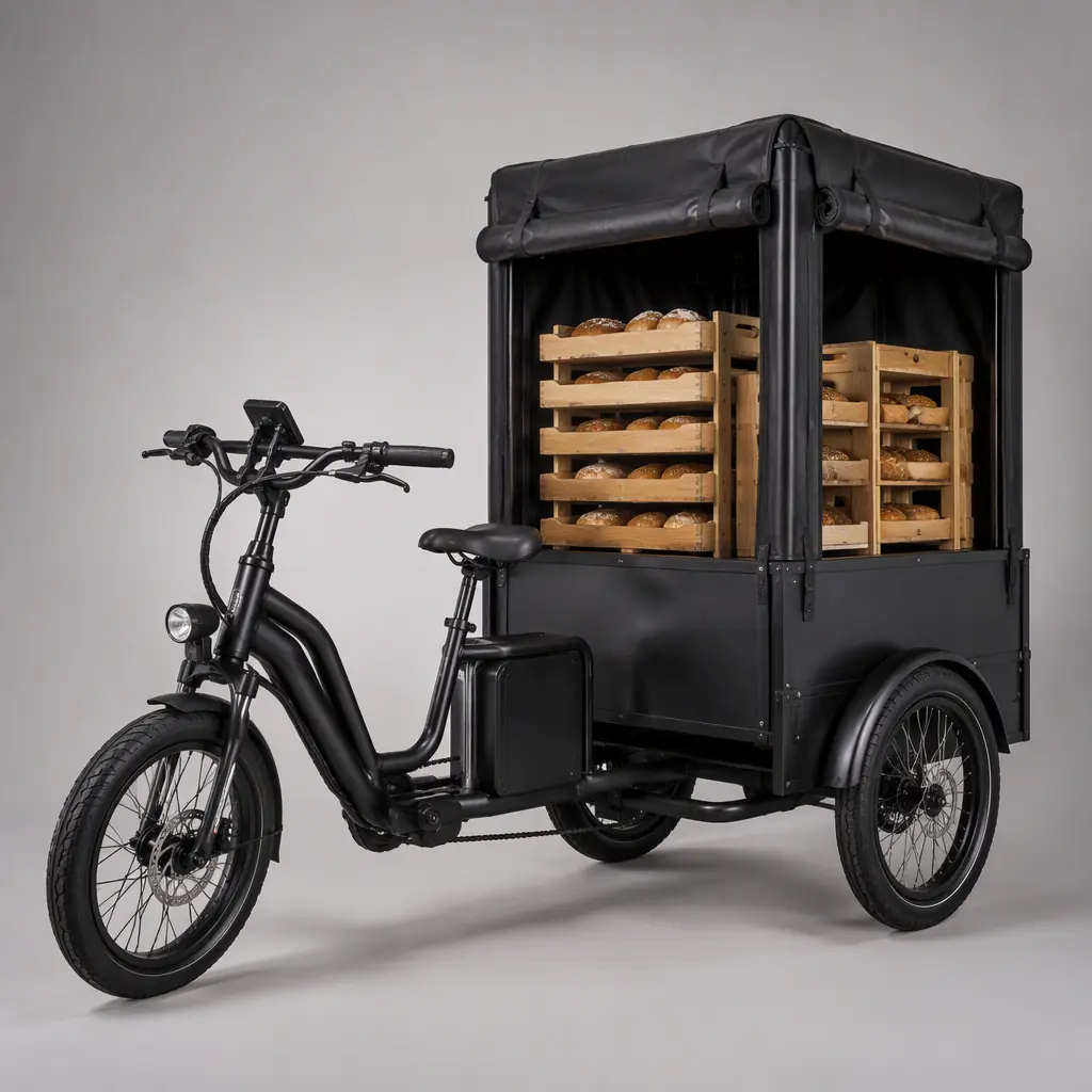 Stackable bread trays and pastry divider crate inside an electric cargo tricycle box
