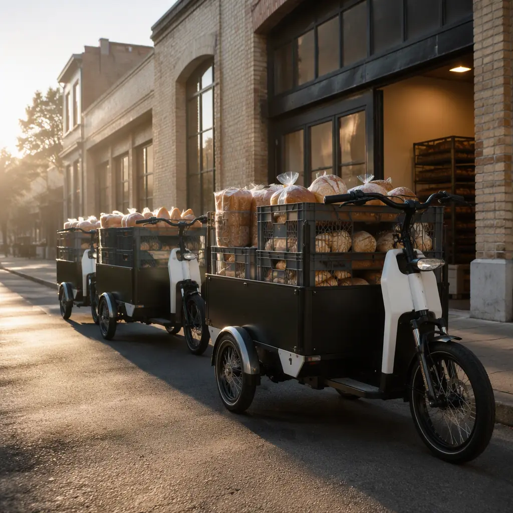 Row of electric cargo tricycles loaded with bread crates outside a bakery in the early morning