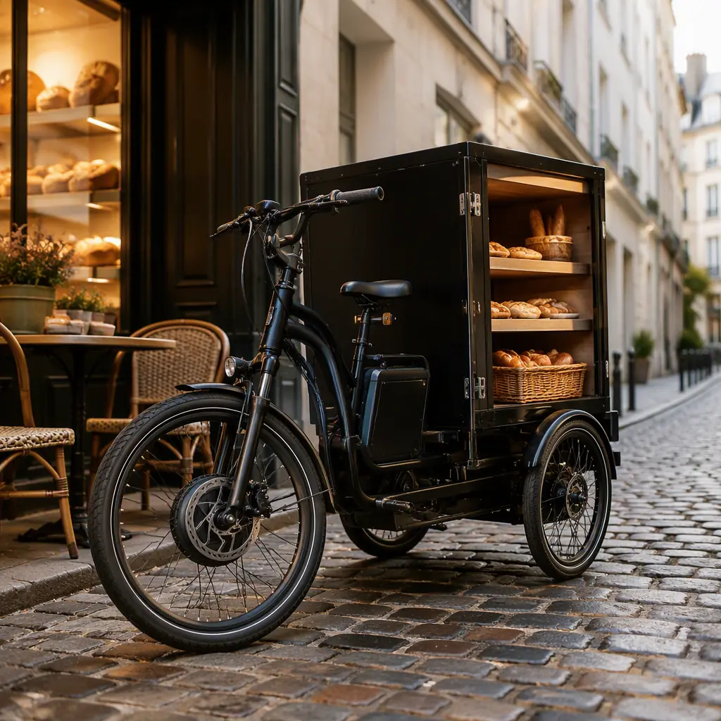 Front wheel and hub motor of an electric cargo tricycle on a narrow café street