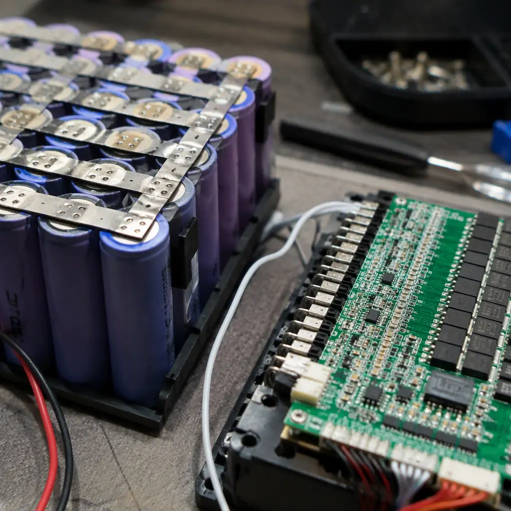 Lithium battery cells with BMS circuit board on the assembly workbench