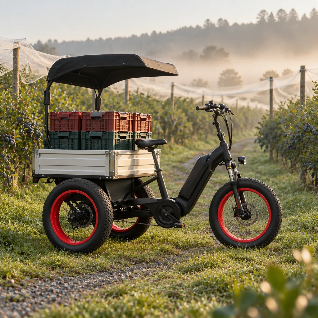 Three-wheeled electric cargo tricycle with a side-panel cargo bed loaded with lidded harvest crates, parked on a grass track between rows of berry bushes in early morning light