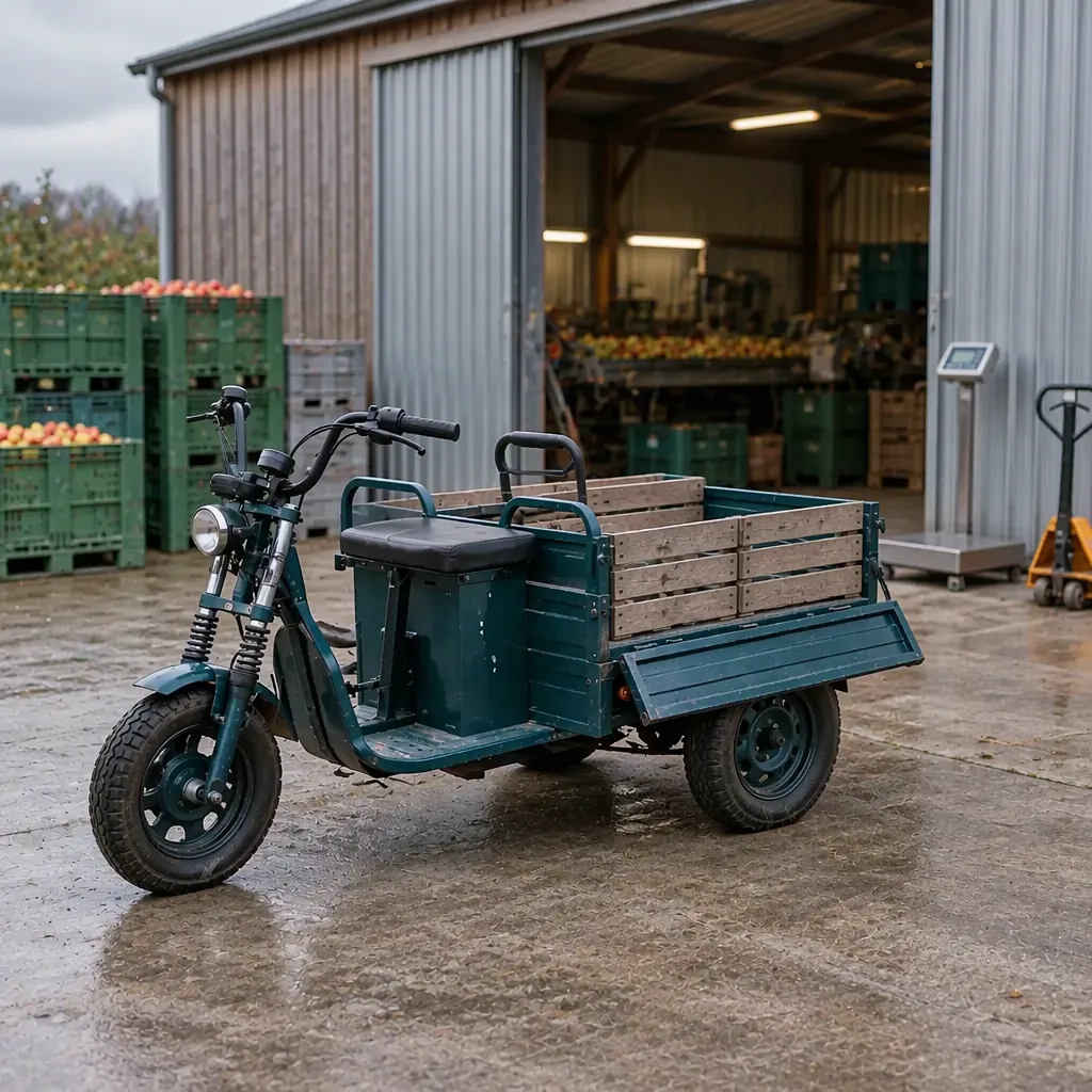 Three-wheeled electric cargo tricycle waiting at an orchard packing shed loading bay with stacked harvest crates beside it, canopy frame overhead and a crate trolley at the door