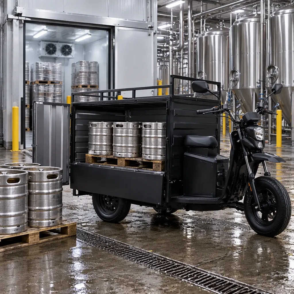 Three-wheeled electric cargo tricycle being loaded with stainless steel kegs in a beverage plant yard, an open cold room doorway and fermentation tanks behind it