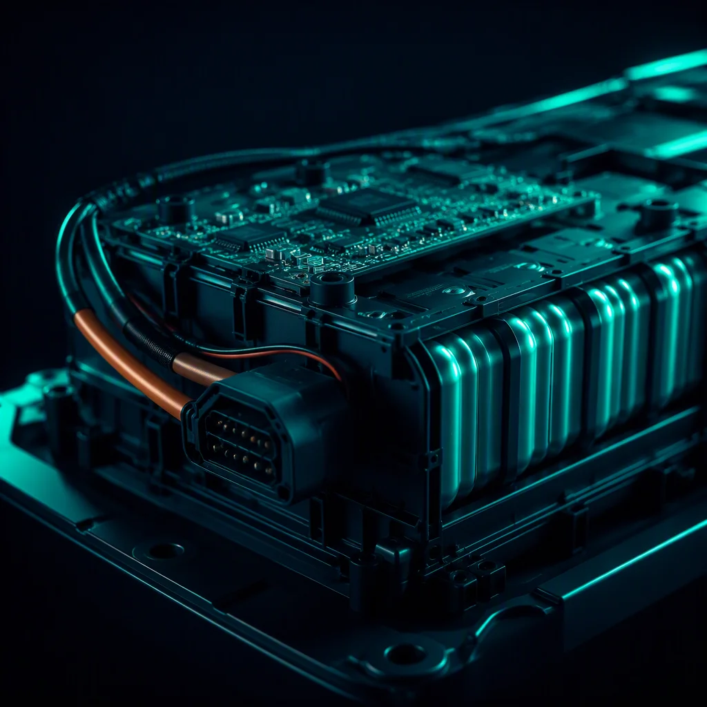 Dense lithium battery pack with visible BMS board, cell stack and multi-pin connector in dark teal studio light