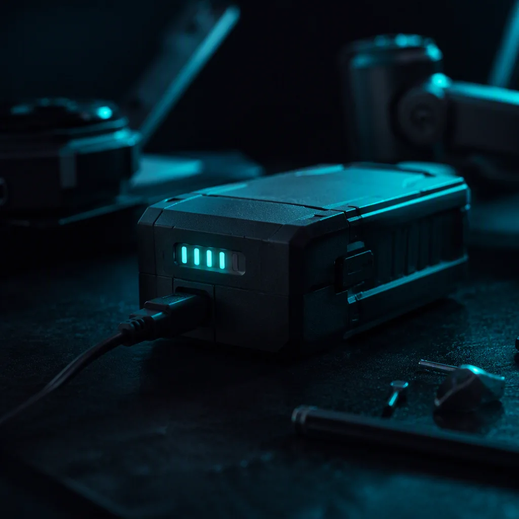 Lithium battery pack on a workbench charging with its LED charge indicator lit in dark teal light