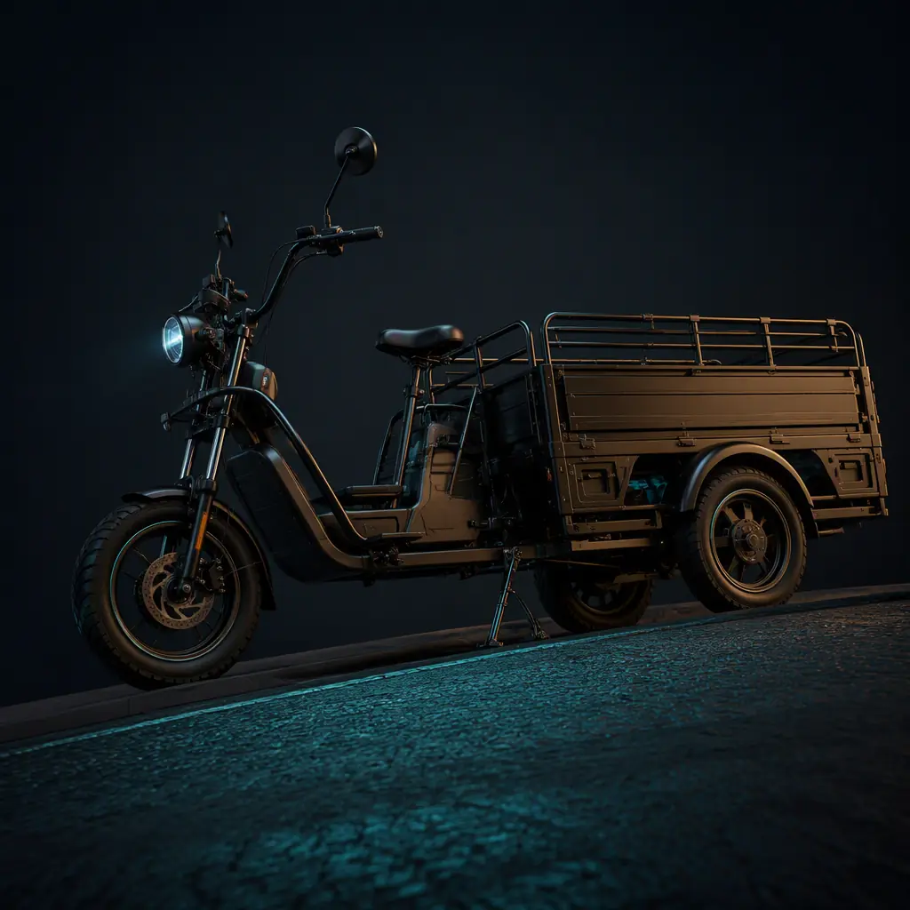 Cargo tricycle parked on a steep street with a lever-activated parking brake engaged, dusk lighting