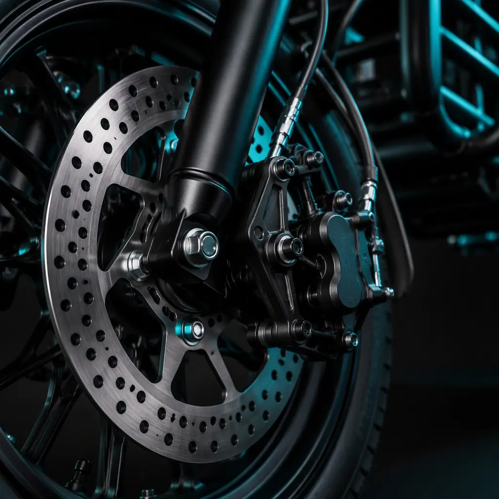 Macro photo of a hydraulic disc brake caliper and 203 mm rotor on a cargo tricycle front wheel in a dark workshop