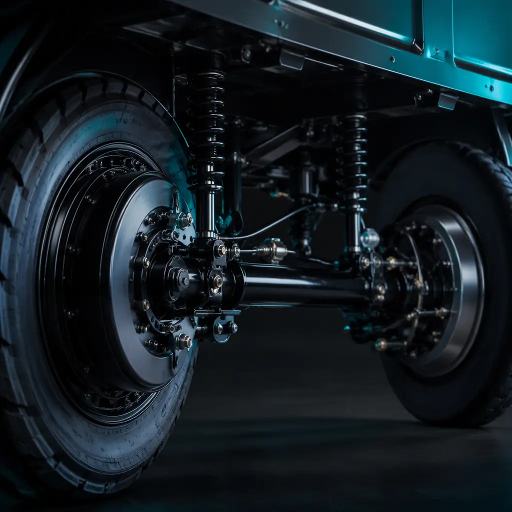 Close-up of the dual rear drum brakes on a cargo tricycle axle in a dark workshop