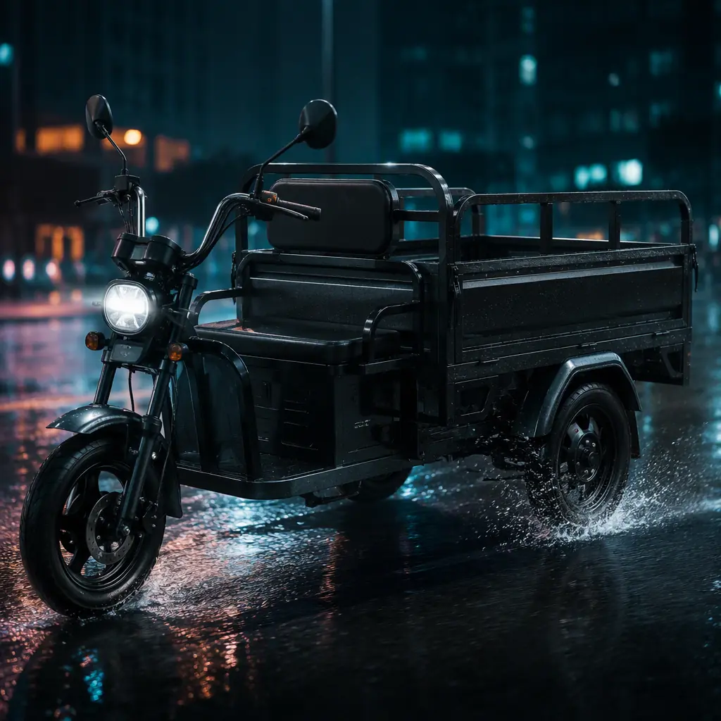Electric cargo tricycle braking on a wet city street at night with teal rim lighting and water spray