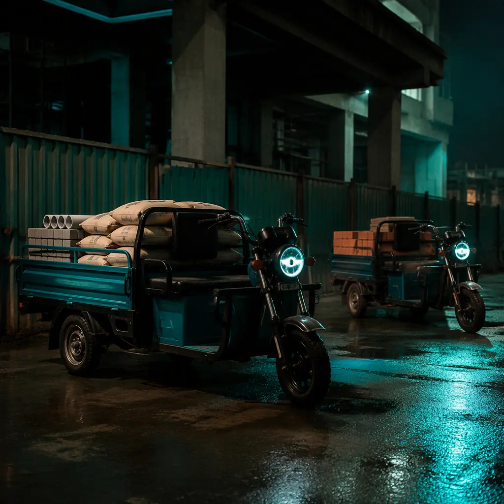 Two three-wheeled electric cargo tricycles with building material loads lined up at a dark construction site depot, teal accent lighting