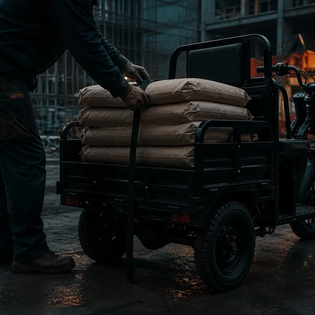 Worker securing sacks of building material with a strap on the steel cargo deck of an electric cargo tricycle, dark site with teal and orange accent light