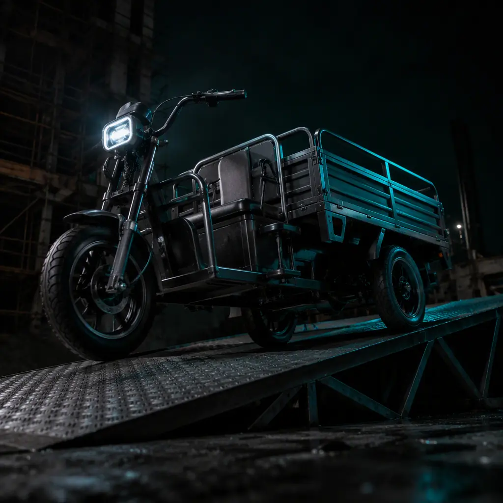 Low angle view of an electric cargo tricycle with two rear wheels climbing a metal ramp on a dark construction site, teal rim light on the frame
