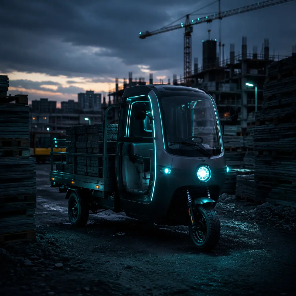 Three-wheeled electric cargo tricycle with two rear wheels moving between material stacks on a dark construction site at dusk, teal accent lighting
