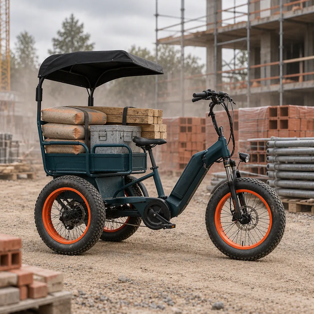 Three-wheeled electric cargo tricycle carrying cement bags, timber and a tool crate at a construction site material laydown area