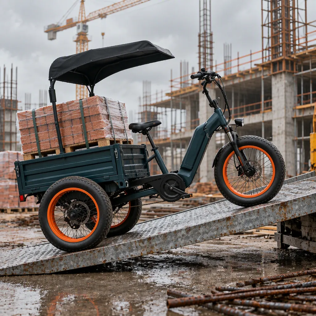 Three-wheeled electric cargo tricycle climbing a temporary steel access ramp with a pallet of bricks on a wet construction site