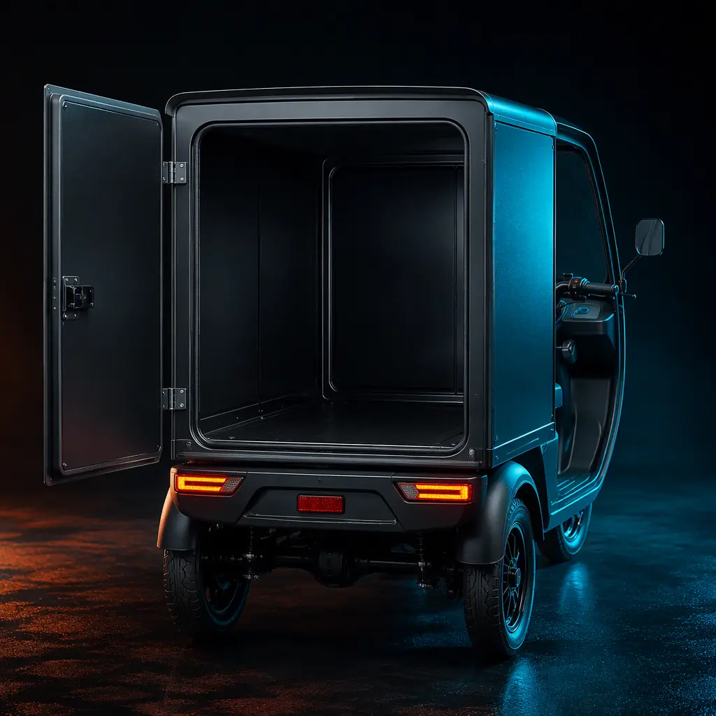 Sealed enclosed cargo compartment with a rear door on the back of an enclosed cabin electric tricycle, dark background with teal accent lighting