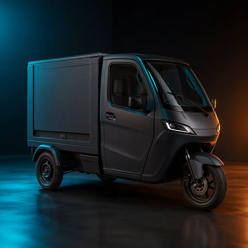 Fully enclosed three-wheeled electric cargo tricycle with a cabin and two rear wheels in a dark studio, teal rim lighting