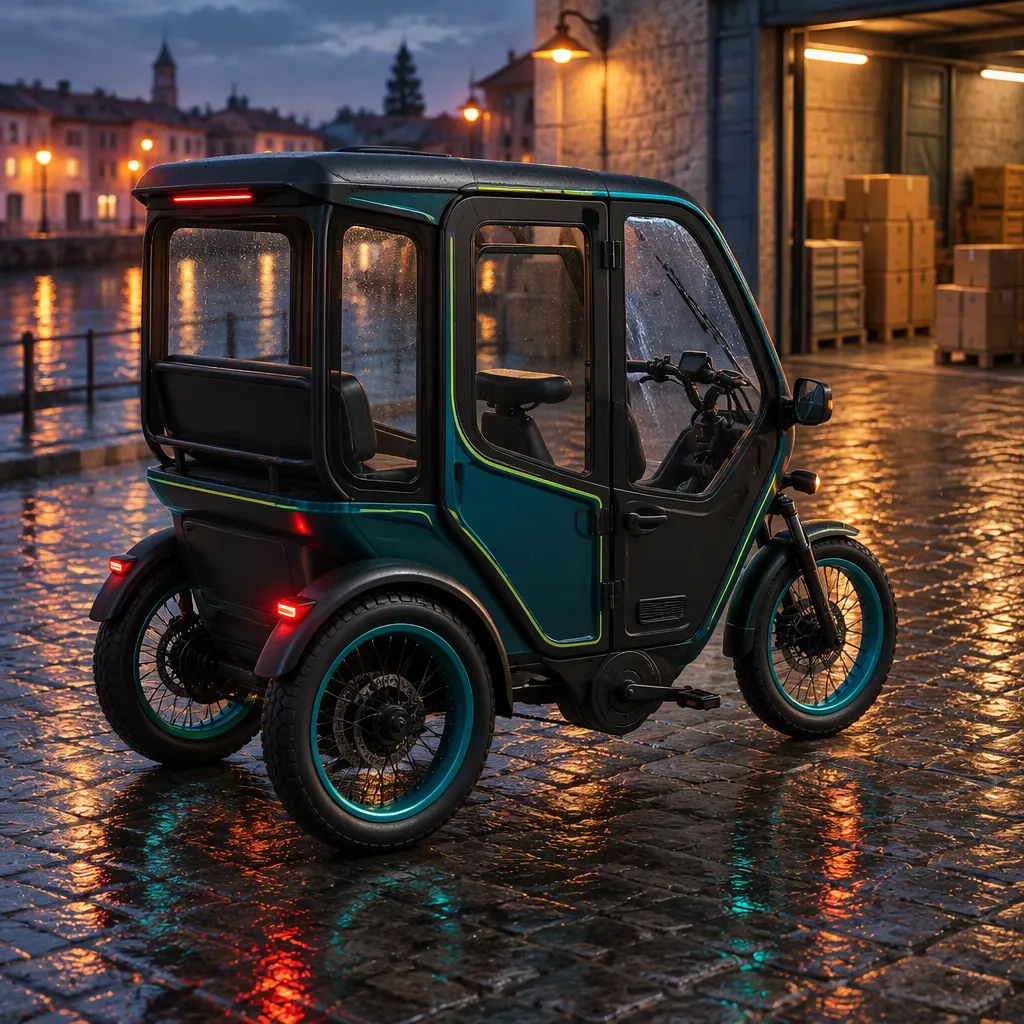 Enclosed cabin three-wheeled electric tricycle with a hard-top roof, glass windshield and wiper, all three wheels visible, parked on a wet depot street at dusk