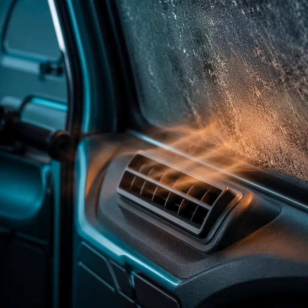 Close-up of a heating vent and defroster duct on the dashboard of an enclosed electric tricycle cabin, dark background with teal accent light