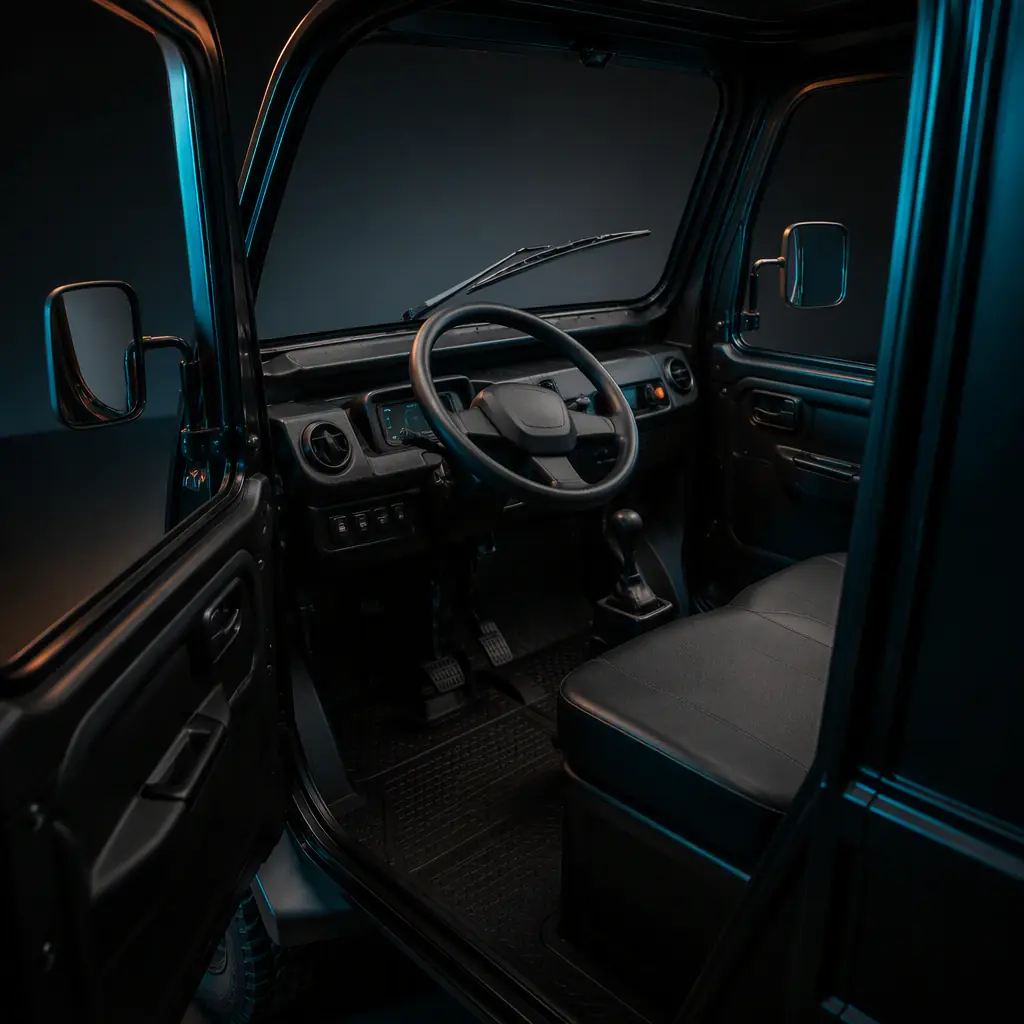 Interior view of an enclosed electric tricycle cabin showing a steering wheel, windshield, and dashboard, dark background with teal accent light