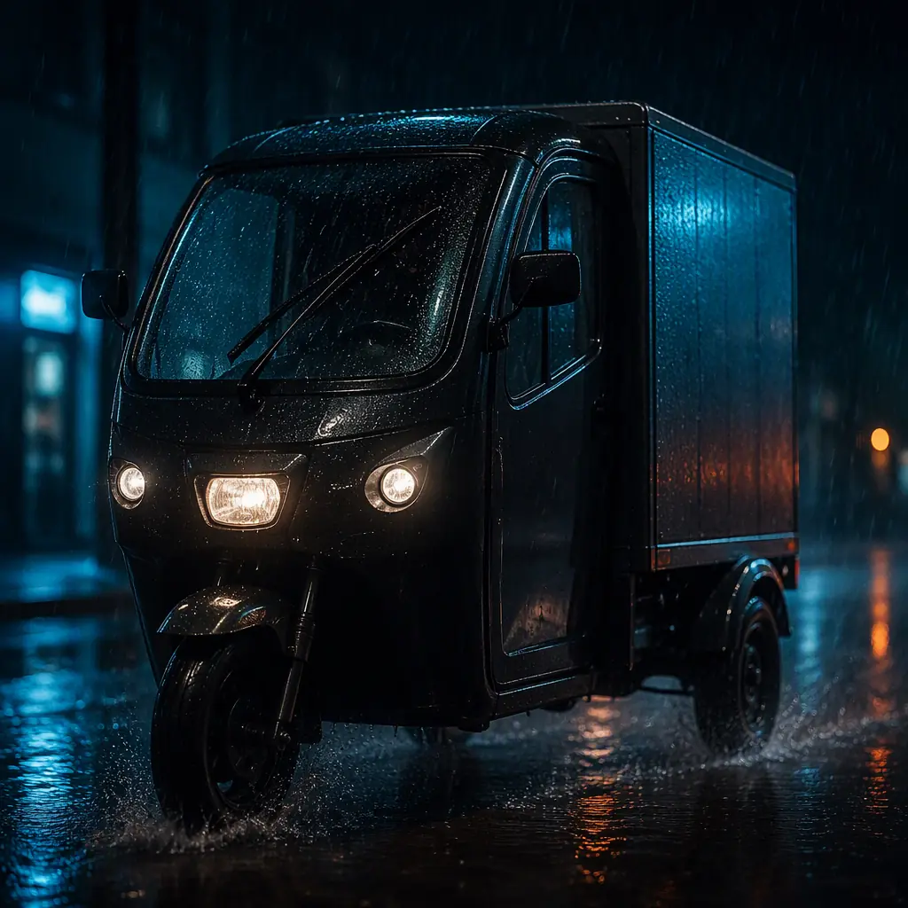 Enclosed cabin electric tricycle with two rear wheels driving through heavy rain on a dark city street, windshield wipers visible, teal and orange accent lighting