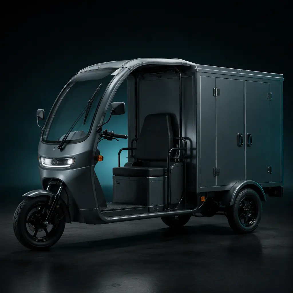 Fleet of electric cargo tricycles with canopies parked at a depot on a frosty winter morning with charging cables