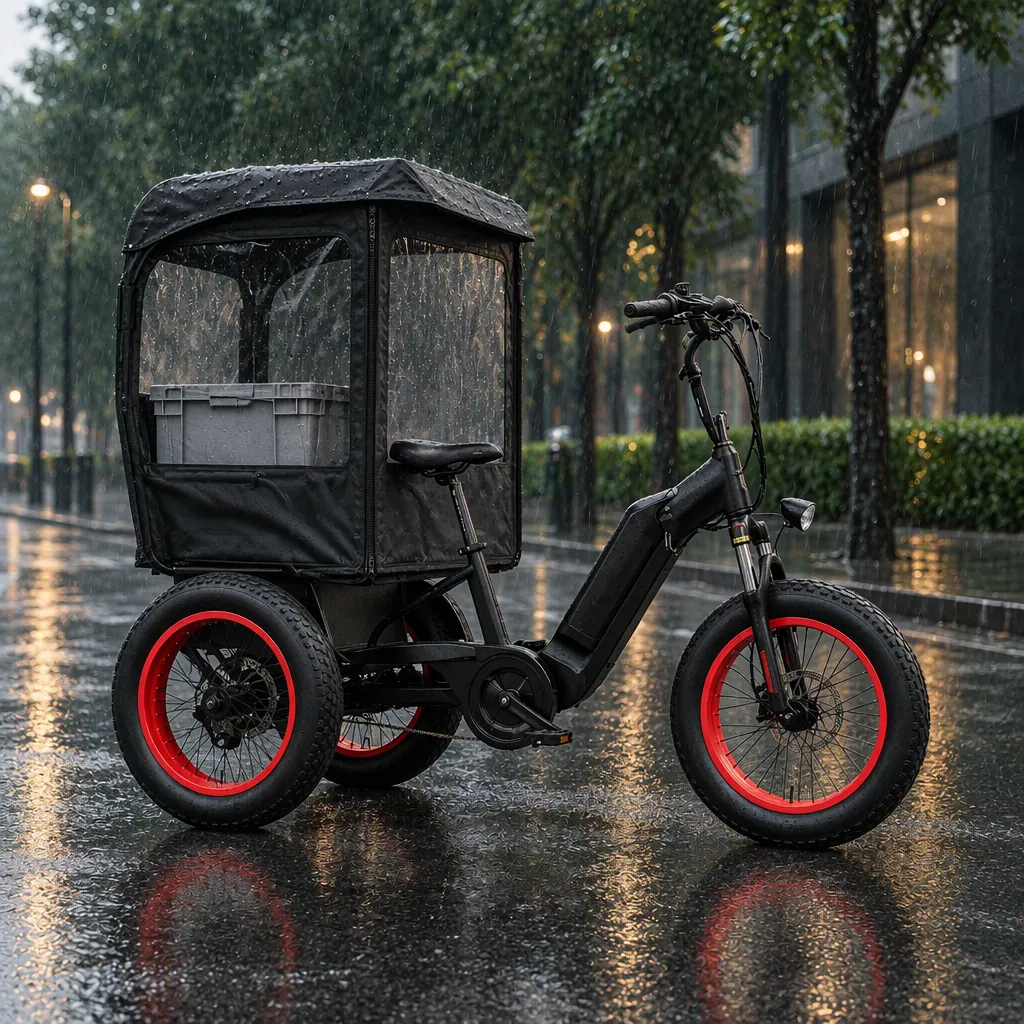 Black three-wheeled electric cargo tricycle with a weathertight canopy roof parked on a wet city street in the rain