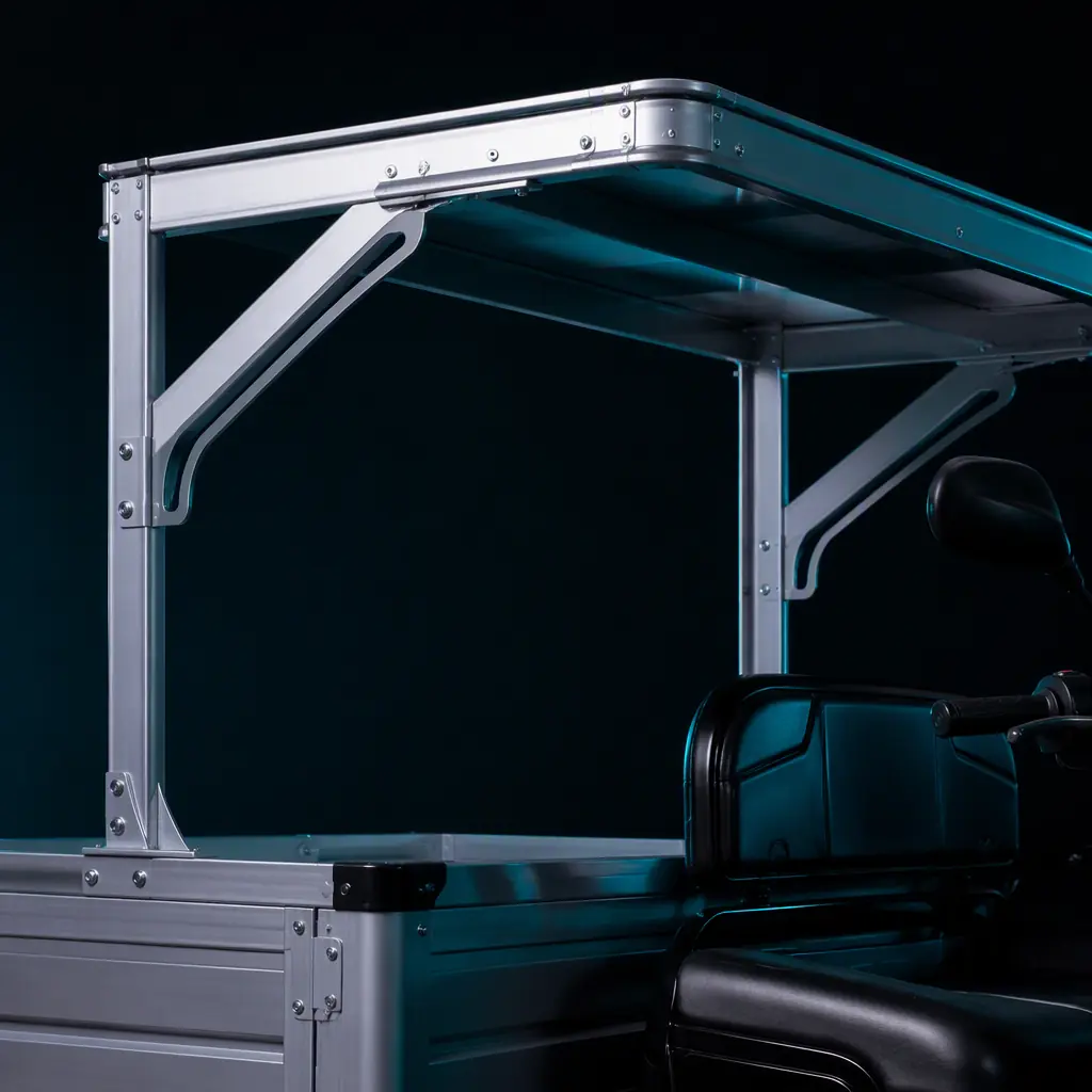 Close-up of a lightweight aluminum canopy frame mounted on the cargo box of an electric tricycle