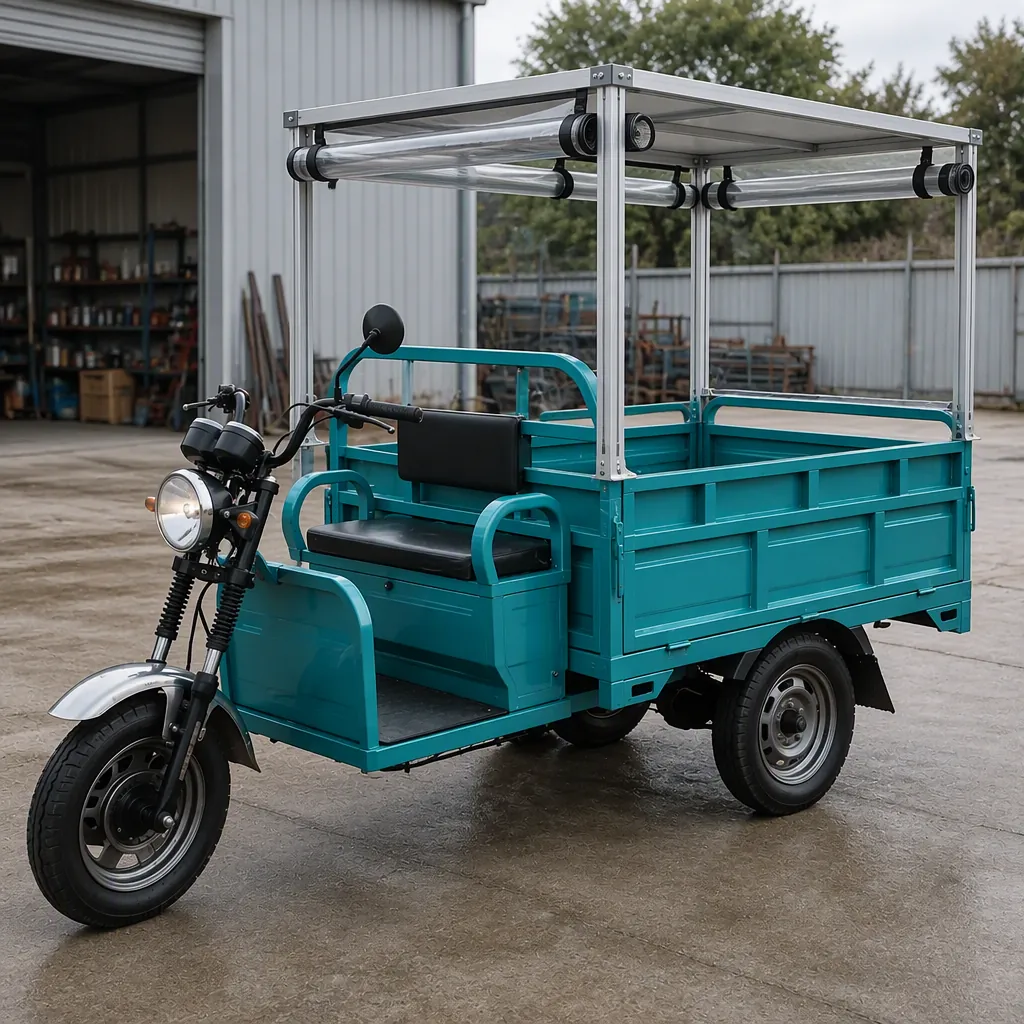 Lightweight aluminium canopy frame with clear roof panel mounted over the slatted cargo bed of a three-wheeled electric tricycle in a workshop yard