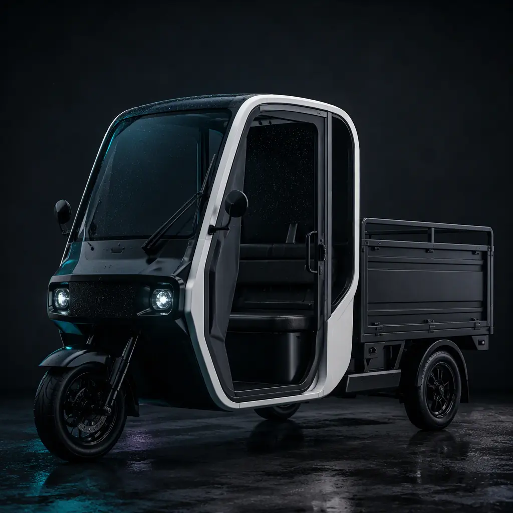 Electric cargo tricycle with a weathertight full enclosure parked in light rain on a city street