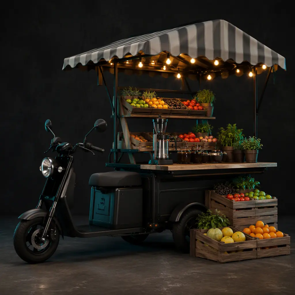 Electric cargo tricycle with a market canopy serving as a food stall at an outdoor market