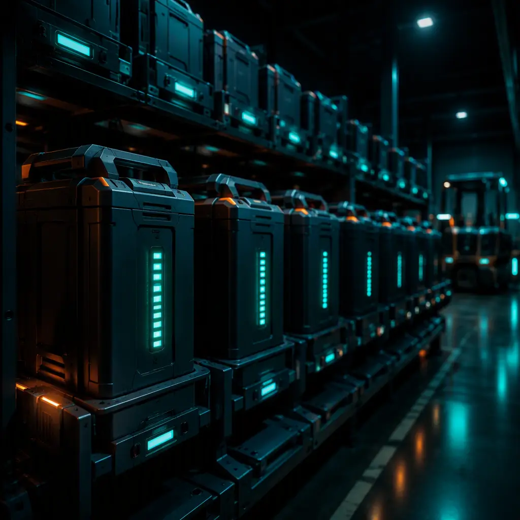 Swappable battery packs on charging racks in a fleet depot with teal LED indicators