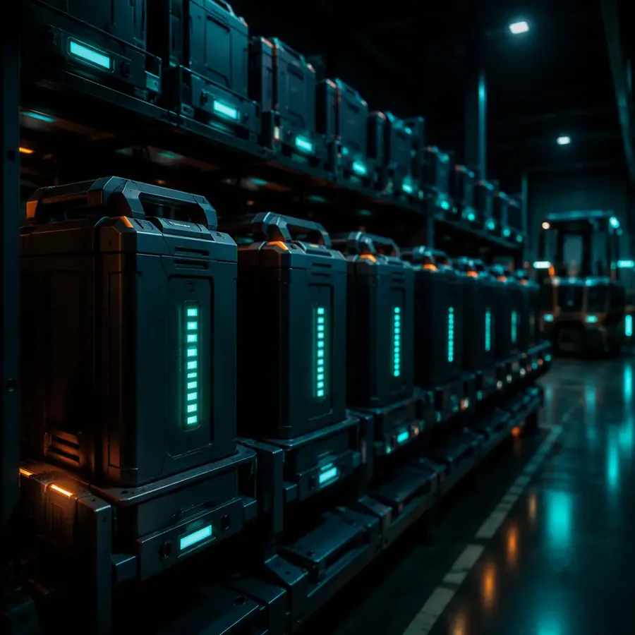 Swappable battery packs on charging racks in a fleet depot with teal LED indicators