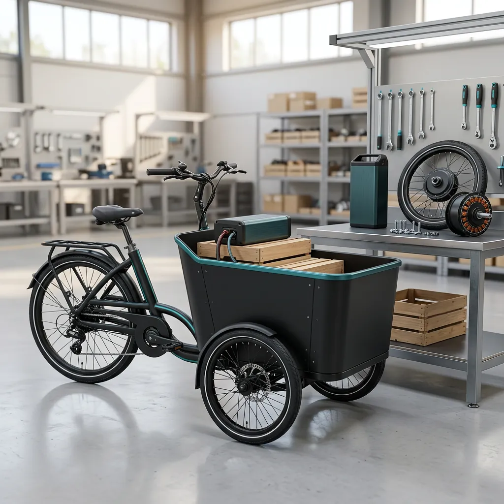 Black electric cargo tricycle staged in a bright factory with battery pack, motor and wheel around it, steel cargo box and dual rear wheels