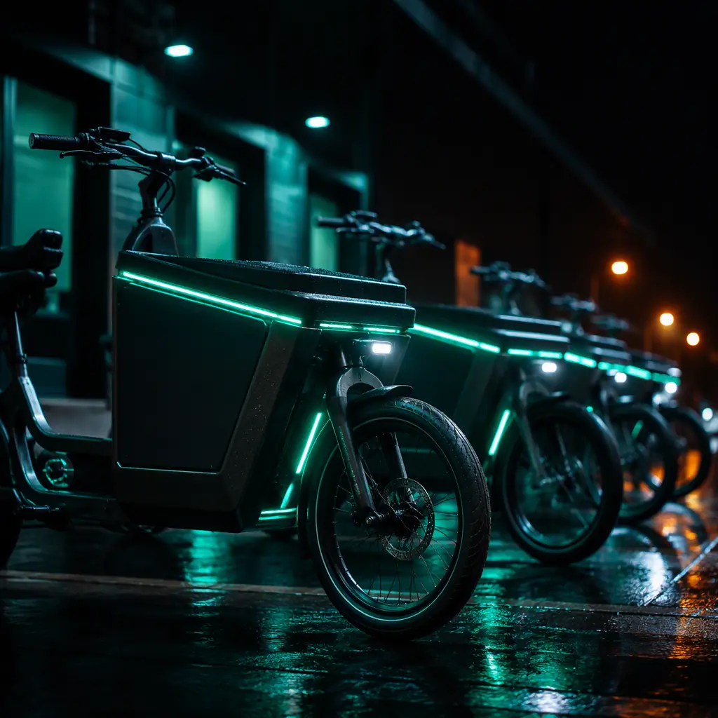 Row of cargo e-bikes parked at night in a depot with teal accent lighting