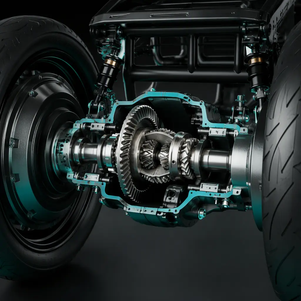 Photorealistic 3D cross-section of an electric tricycle rear axle showing the differential and two driven wheels