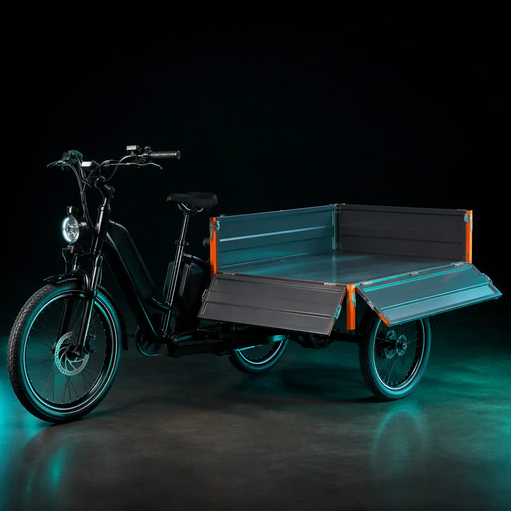 Electric cargo tricycle with a large steel drop-side box, two sides folded flat for loading