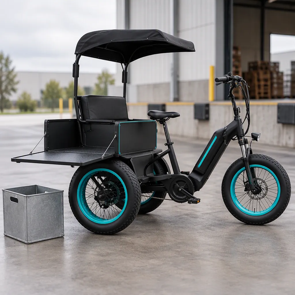 Three-wheeled electric cargo tricycle on a warehouse loading dock with its rear cargo box side panel folded down for loading