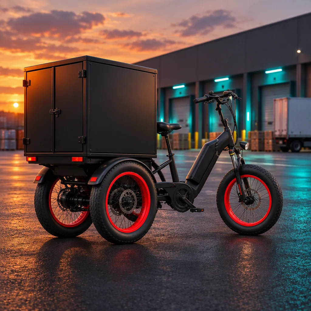 Three-wheeled electric cargo tricycle with a matte black rear cargo box parked in an industrial logistics yard at dusk, all three wheels visible