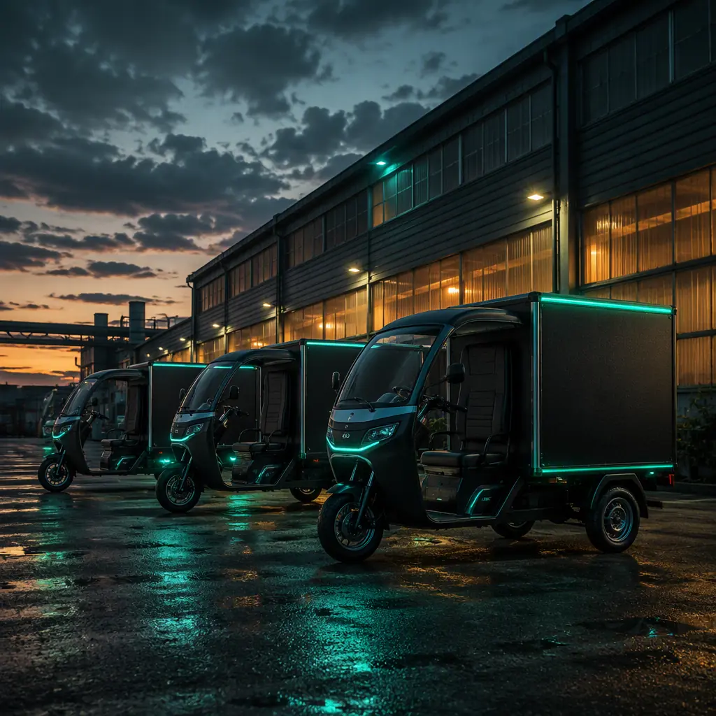 Row of three-wheeled electric cargo tricycles with cargo boxes parked in a factory yard at dusk
