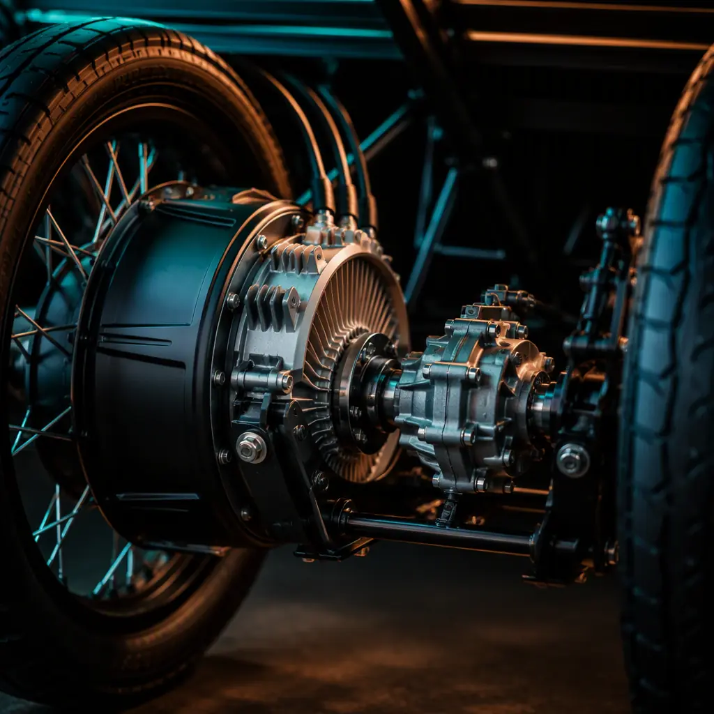 Brushless hub motor with differential on the rear axle of an electric cargo tricycle, studio macro shot