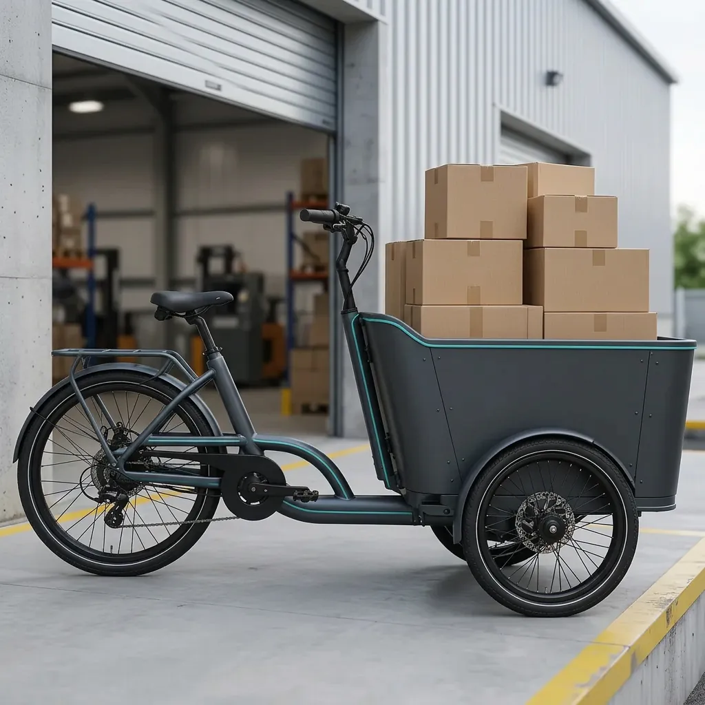 Black electric cargo tricycle loaded with boxes, reinforced dual rear wheels and steel cargo box on a loading dock