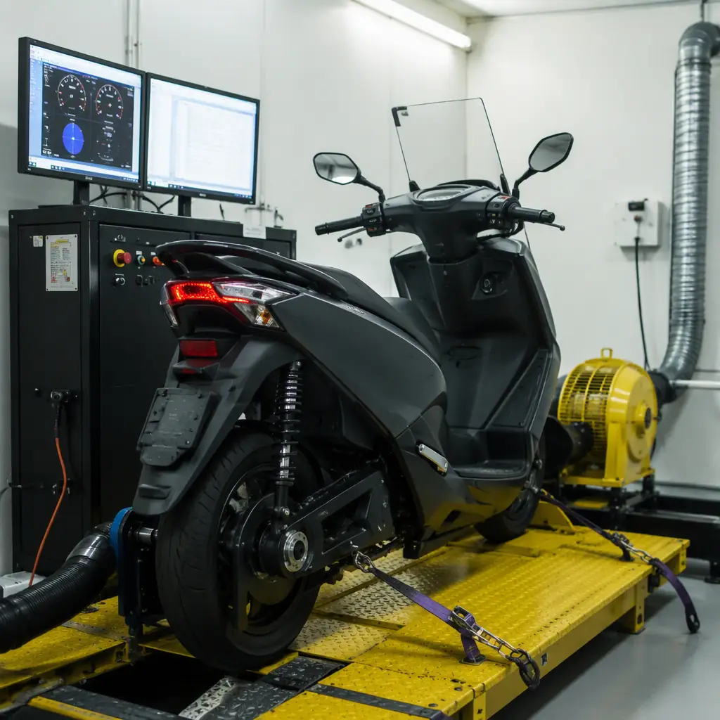 E-scooter on a dynamometer test bench in the certification laboratory